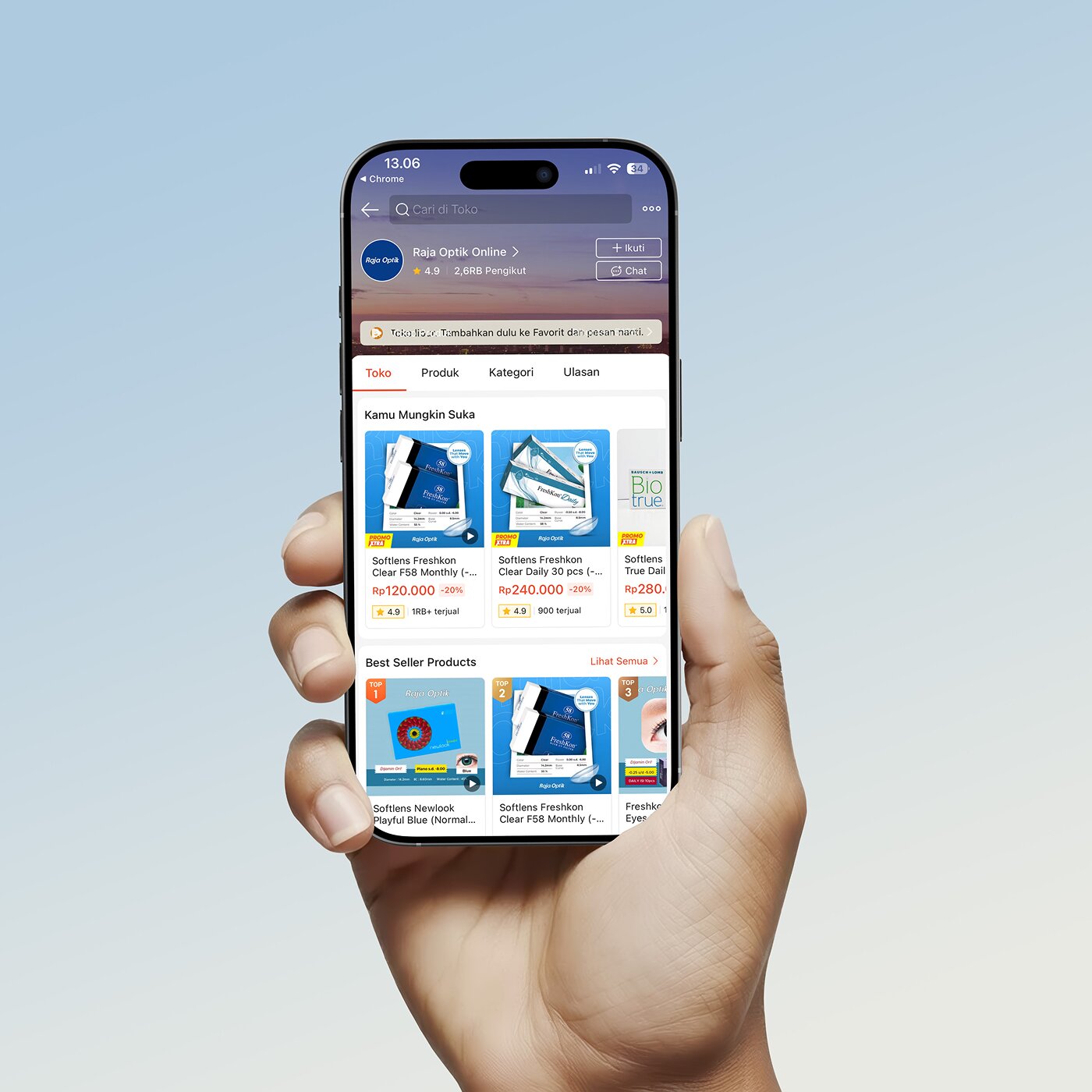 The Raja Optik online store open on a phone